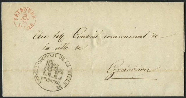 SCHWEIZ 1850, Dienstbrief rotem K2 aus FRIBOURG Inhalt n. Grandson, dekorativer