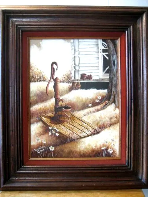 well hand pump and bucket, framed oil painting by Marilyn Creek