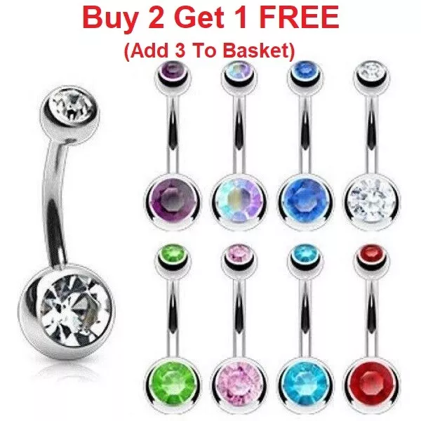 Belly Bar Surgical Steel Double Crystal Gem Navel Bar Button Ring Belly Bars