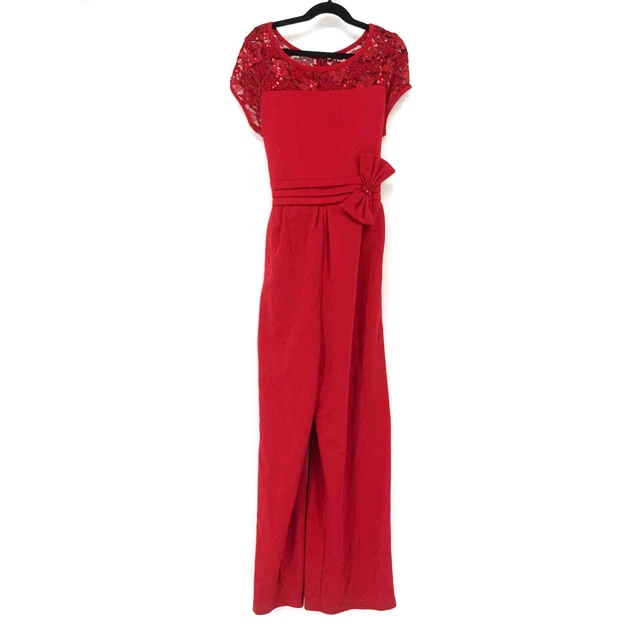 Bonnie Jean Girl's Size 16 Red Jumpsuit Lace Top Bow Accent Scoop Neck Tie Back