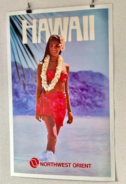 Rare Hawaii Northwest Orient airlines Vintage Original Poster 1970s Linen back