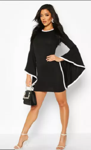 Boohoo Chute D'Eau Manche Mini Robe avec Contraste Bord Noir UK 10