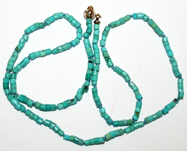 VINTAGE FINE NATURAL 2.5mm TURQUOISE DISK BEADS 9K Gold CLASP KNOTTED NECKLACE