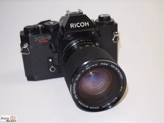 SET: Ricoh KR-5 super SLR-Kamera + Zoom-Objektiv Soligor 3,5-4,5/28-80 MC Macro