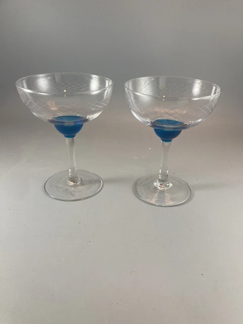 Bombay Sapphire X2  Gin Blue Turquoise Stem Glass Martini Cocktail Hand Blown