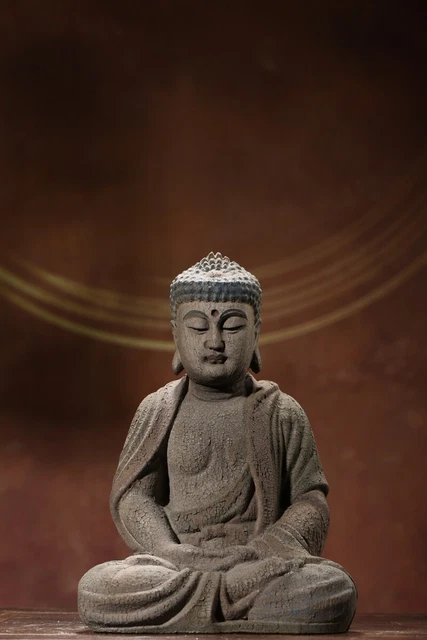 Antique Chinese Wood Carved Sakyamuni Statue Painted Wooden Sculpture Decor Art