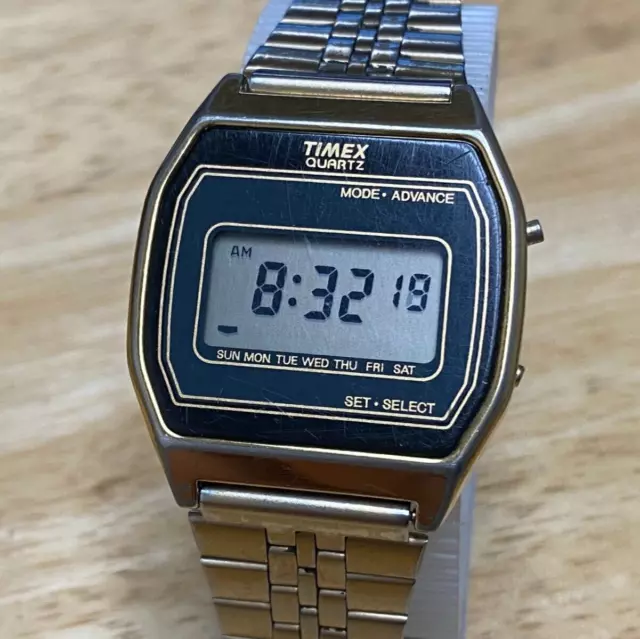 Vintage Timex Watch Mens Gold Tone Black Digital Chrono Steel Band New Battery