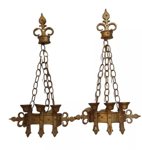 Vtg Sexton Brutalist Medieval Gothic Metal Chain 1967 Candle Wall Sconces Set 3