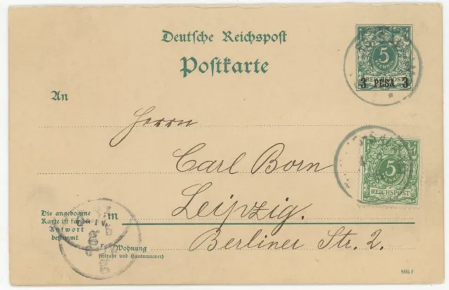 DOA Deutsch-Ostafrika Doppel GA ZuF Postkarte Dar-es-Salaam Leipzig 1898