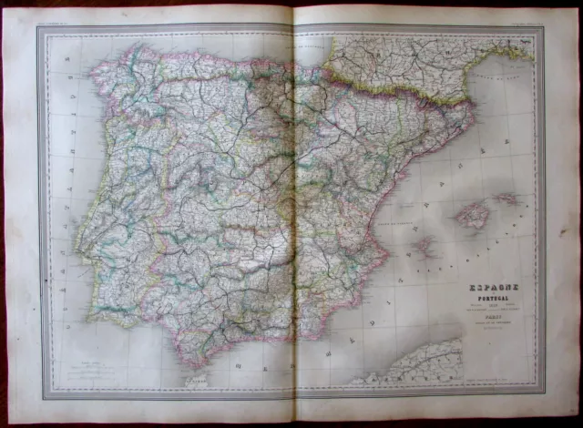 Spain Portugal Pyrennes Balearic islands 1859 Dufour Dyonnet fine huge map