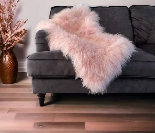 100% Mongolian Fur Sheepskin Rug/ Throw Curly Fur Sheep Fur Pink 2