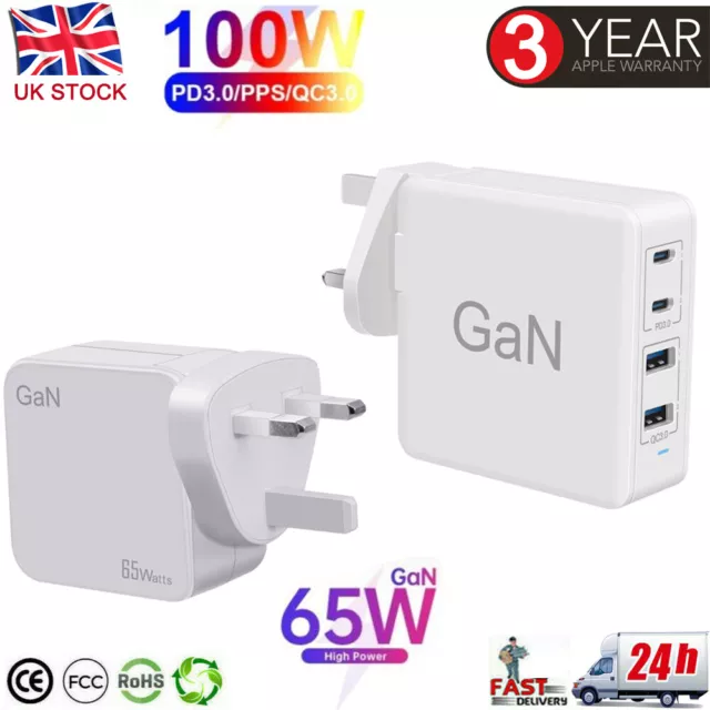 65W/100W USB-C Type-C Charger PD 3.0 QC 4.0 GaN Adapter for iPhone Macbook Pro