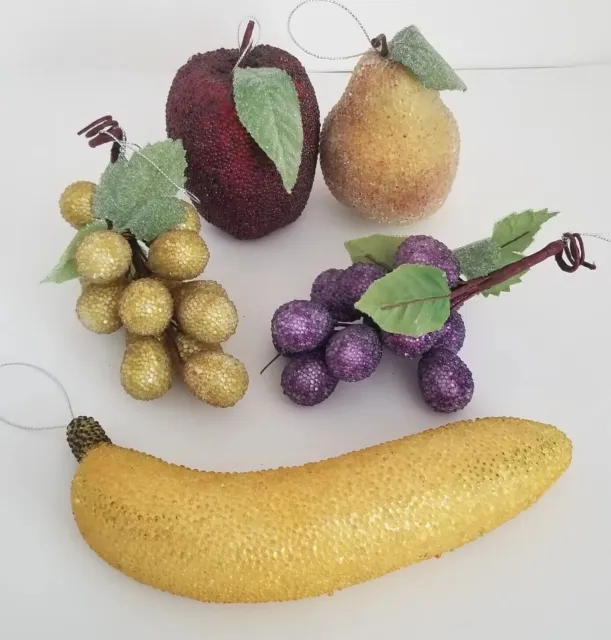 Vintage Beaded Sugared Fruit Christmas Ornaments Grapes Banana Apple Peach 5pc