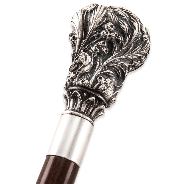 Superb American ? Sterling Silver Cane High Relief Floral & Foliate No Monogram