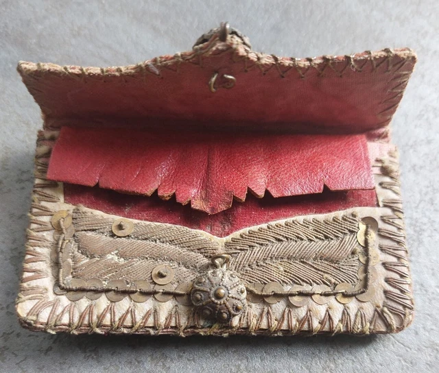 Ancien porte-monnaie/porte Louis cuir velours soie fils d argent XVIIIème siècle