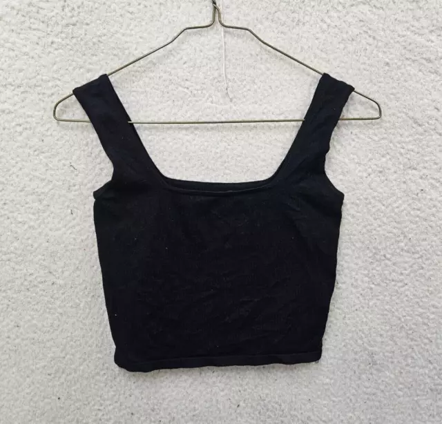 Boohoo Women Top 14 Black Viscose Blend Square Neck Wide Strap Cropped Slim Tank