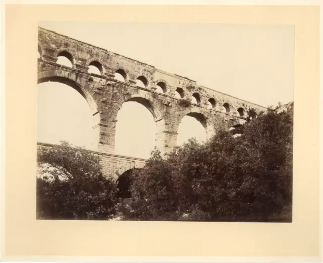 France, Le Pont du Gard, ca. 1870  Vintage albumen print. Photo collée sur carto