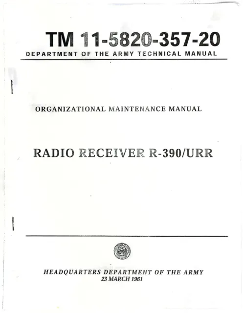 Army Maintenance Photocopy Manual For The R-390/Urr Radio 1961 Tm 11-5820-357-20