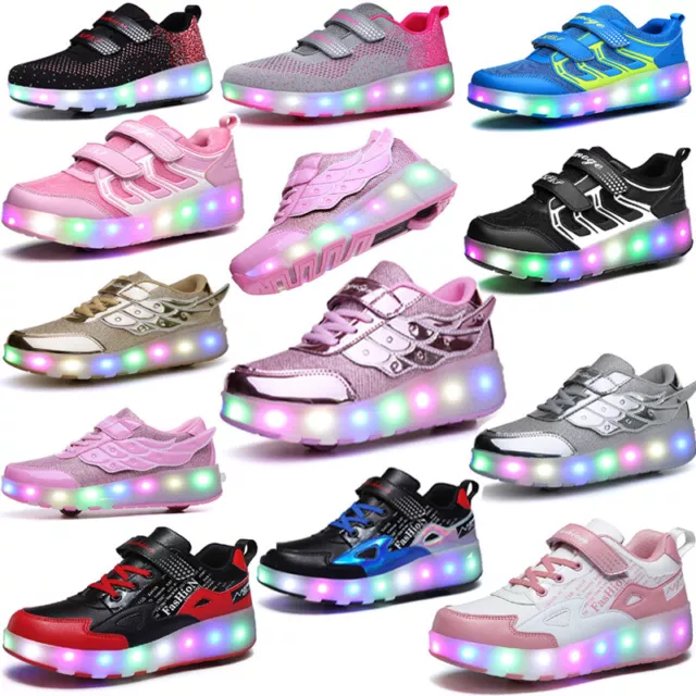 UK LED Boys Girls Wheel Trainers Kids Flash Roller Skate Sneakers Skates Shoes ￥