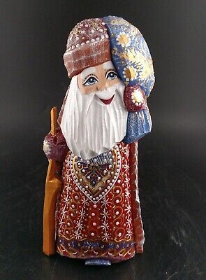 Hand Carved Painted Wooden Santa Claus Russian Father Frost Signed Figurine