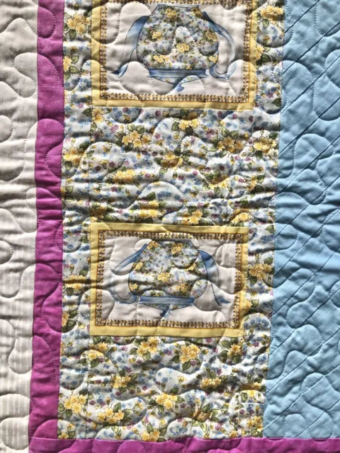 patchwork quilt handmade Teapot Floral Blue Cream 100cm X 120cm