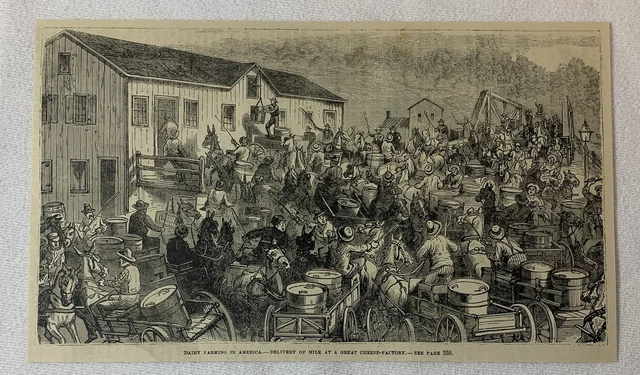 1880 magazine engraving ~ DELIVERY OF MILK AT A GREAT CHEESE FACTORY