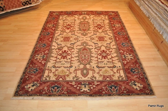 _HAND-MADE_RUG_5'x8' FINE QUALITY ORIENTAL-DESIGN brick red beige green navy