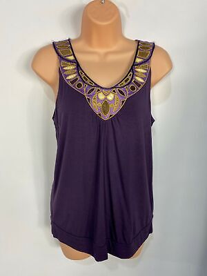 Womens Next Size Uk 10 Purple Satin Embroidered Neck Sleeveless Summer Vest Top