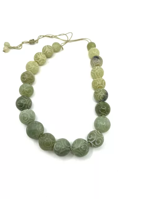 NEPHRITE JADE BEAD Necklace Heavy Green Bead Necklace Carved Green Bead ...