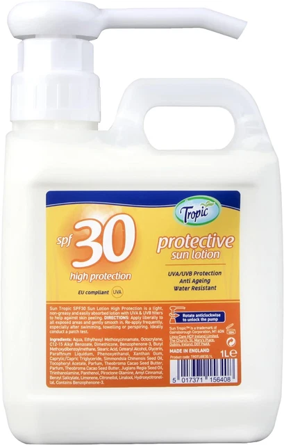 Loción protectora solar Sun Tropic SPF30, 1 litro con bomba, alta protección solar