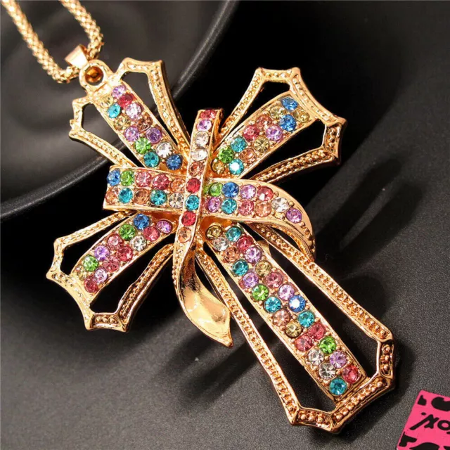 Betsey Johnson Colored Crystal Rhinestone Cross Pendant Necklace #2838