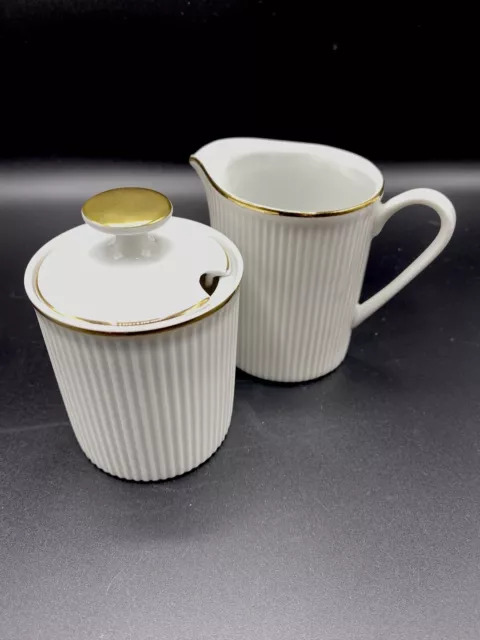 Arzberg Hutschenreuther  Germany White Gilded Milk Jug & Sugar Bowl Ribbed 9cm