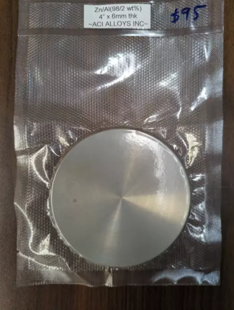 Zinc Aluminum sputter target, Zn/Al (98/2 wt%) 99.99% pure, 4" x 6mm