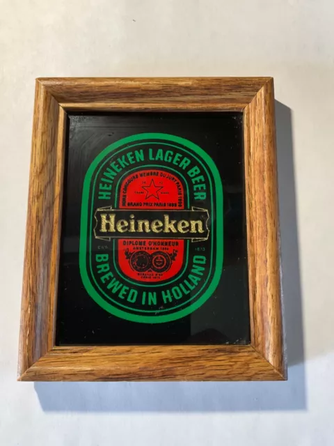 Vintage Heineken Beer Advertising Wood Framed Glass Mirror Style Sign Holland