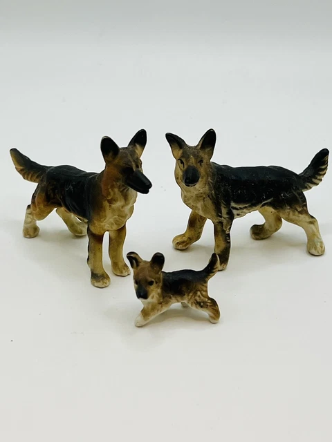 Vtg Lot 3 German Shepherd Sheperd Dog Puppy Set Figurine Porcelain China 2" Tall