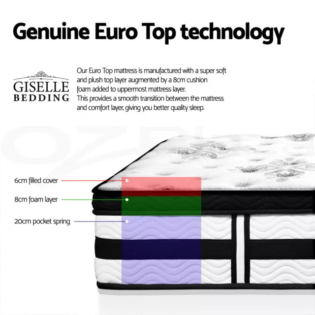 Giselle Bedding 34cm Mattress Euro Top Bed Pocket Spring Medium Firm Single 3