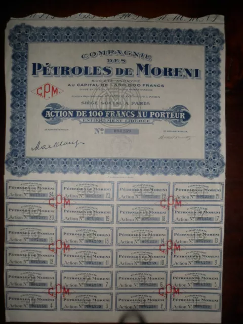 Action / Compagnie Des Petroles De Moreni / Action De 100 Francs