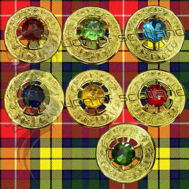 Scottish Kilt Fly Plaid Brooch Various Stone Gold Finish 3" Celtic Brooches Pins