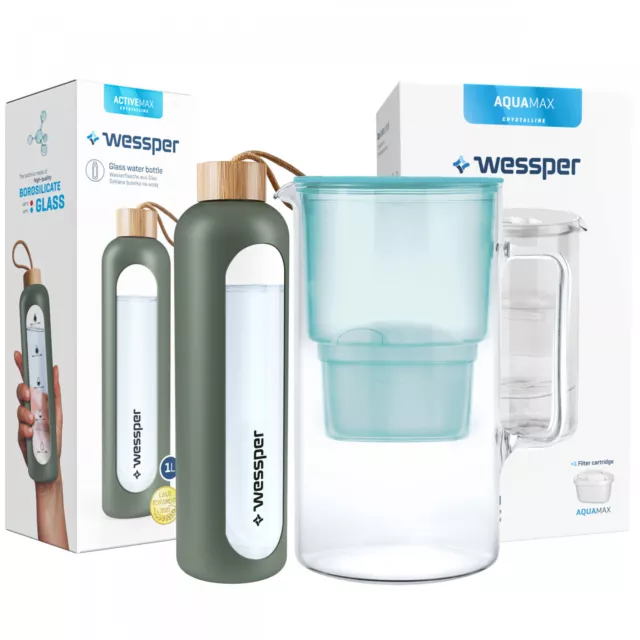 Wessper Juego de menta jarra de filtro de vidrio 2,5L + Botella de agua verde 1L