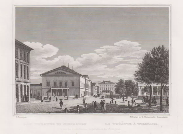 Wiesbaden Teatro Original Grabado de Acero Grünewald 1838