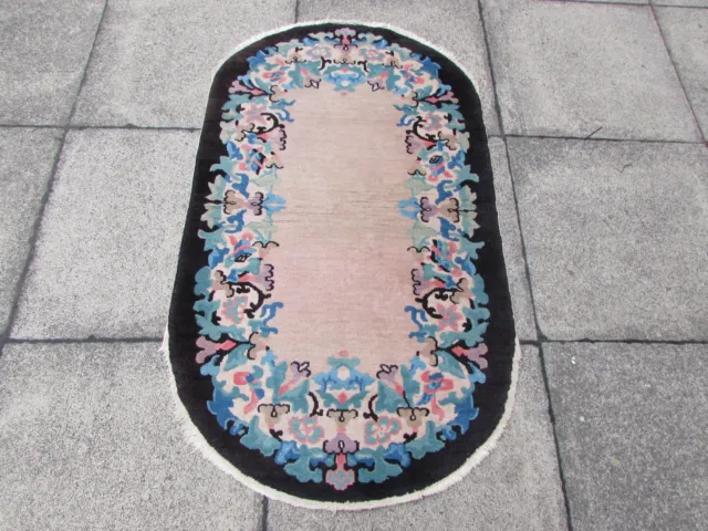 Antique Hand Made Art Deco Oriental Black Pink Wool Chinese Oval Rug 138x79cm