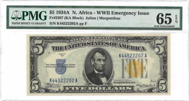 1934A $5 North Africa WWII Emergency Issue Fr#2307 PMG Gem UNC 65 EPQ