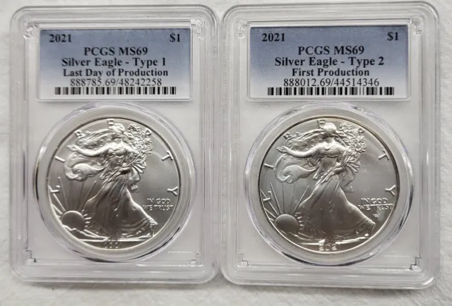 Historic/Rare First & Last 2021 Silver Eagles T1 & T2 Pair, Both Pcgs Ms69
