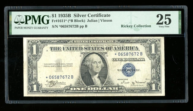 DBR $1 1935-B Silver Vinson STAR Fr. 1611* PMG 25 Serial *06587672B
