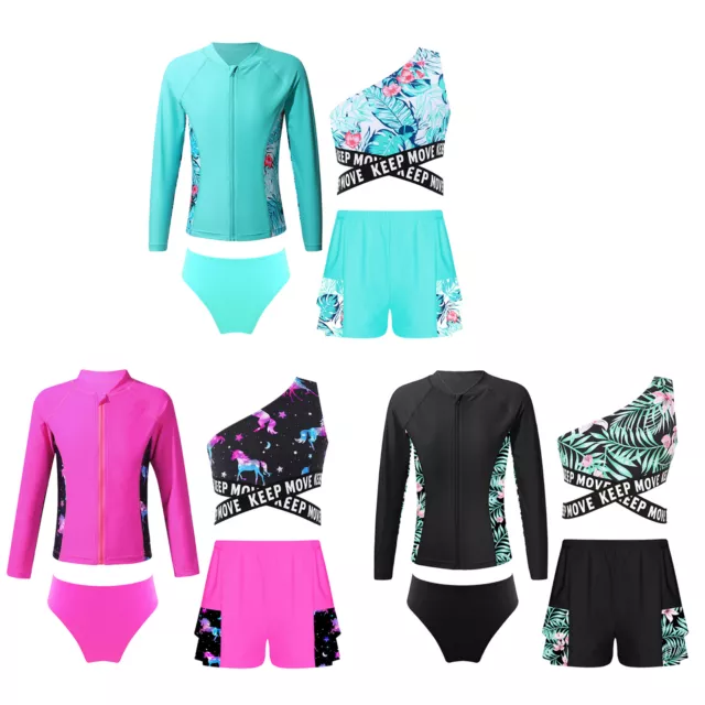 Girls Swimwear Beach Set Cross Swimsuit Single Shoulder Briefs Suit Shorts 4Pcs