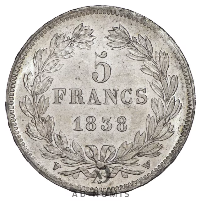 France 5 francs 1838 W Louis-Philippe argent SUP+/SPL Lille pièce de monnaie 2