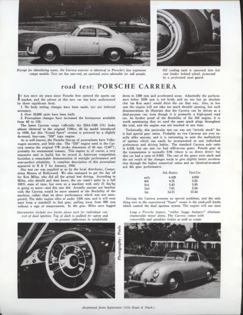 Road & Track Article Reprint from September 1956 -- Road Test Porsche Carrera --