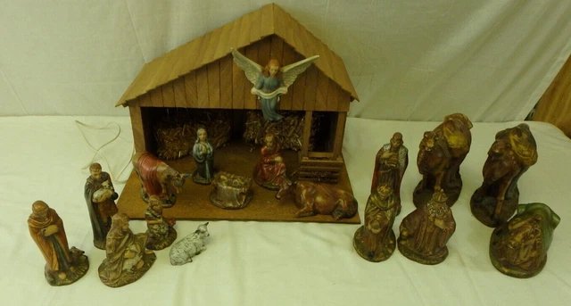 Vintage Holland Moule 17 Pièce Nativité Ensemble Inclut en Bois Crèche