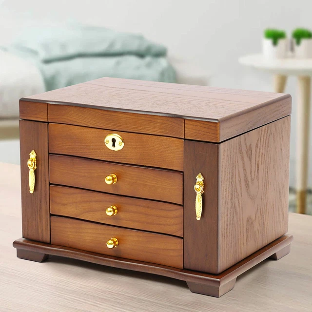 Produktbild von Schmuckkasten Holz Groß Schmuckkästchen 4 Etagen Schmuckschatulle Mit Spiegel Vintage Braun