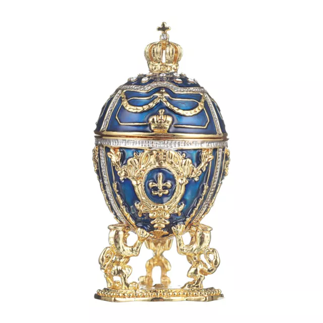 Faberge Egg Trinket Jewel Box with Lions and Imperial Crown 3'' (7.5 cm) blue